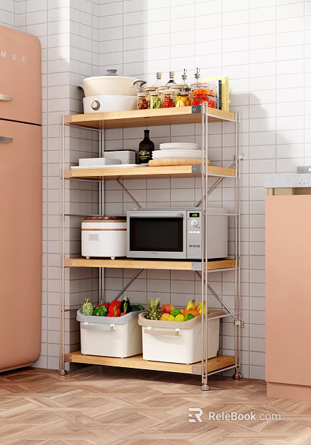 Practical Kitchen Shelf Rack With Microwave Rice Cooker Dishes And Storage Bins For Vegetables Fruits 3d model 