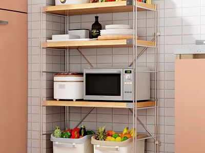 Practical Kitchen Shelf Rack With Microwave Rice Cooker Dishes And Storage Bins For Vegetables Fruits 3d model