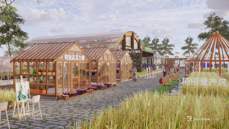 Boutique Fruits Vegetables Market In Glass Greenhouse Near Rice Field Area 3d model 