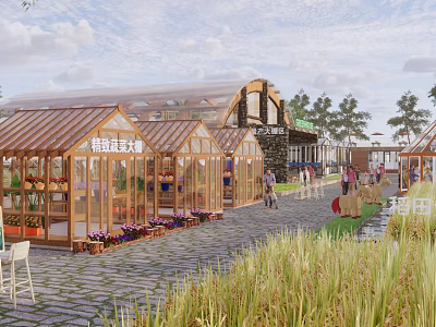 Boutique Fruits Vegetables Market In Glass Greenhouse Near Rice Field Area 3d model