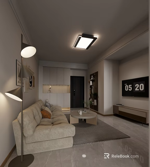 Modern Cozy Minimalist Living Room With Soft Warm Light And Comfortable Fabric Sofa Set 3d model 