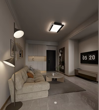 Modern Cozy Minimalist Living Room With Soft Warm Light And Comfortable Fabric Sofa Set 3d model