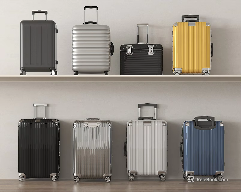 Multicolor Hard Shell Suitcases With Rolling Wheels Displayed On Shelves 3d model