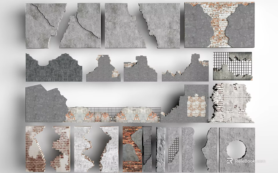 Broken Wall Textures Collection With Concrete Brick Cracks And Holes Design Elements 3d model 