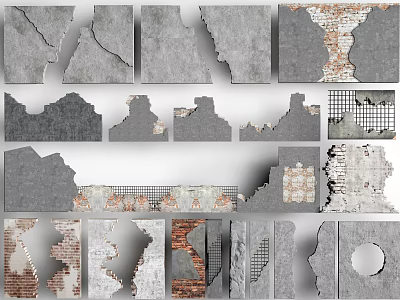 Broken Wall Textures Collection With Concrete Brick Cracks And Holes Design Elements 3d model