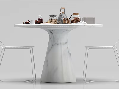 Round Marble Dining Table Set With White Chairs And Tabletop Decorations 3d model