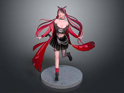 Game Anime Character With Pink Red Long Hair Cat Ears Black Outfit Red Skirt 3d model