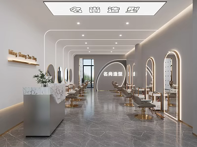 Modern Elegant Beauty Hair Salon Interior With Marble Reception Desk Curved Mirrors And Gold Chairs 3d model