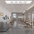 Modern Elegant Beauty Hair Salon Interior With Marble Reception Desk Curved Mirrors And Gold Chairs
