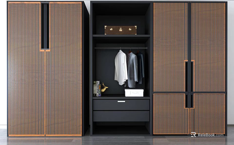 Modern Wardrobe With Striped Doors Open Storage Hanging Clothes Drawer Books And Decorative Box 3d model 