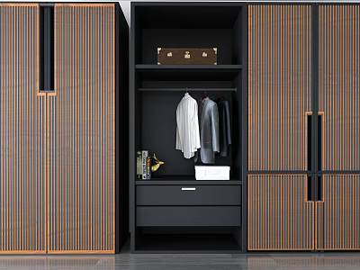 Modern Wardrobe With Striped Doors Open Storage Hanging Clothes Drawer Books And Decorative Box 3d model