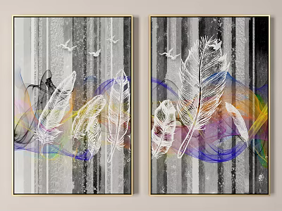 Modern Abstract Art Paintings With Feathers Flying Birds And Colorful Striped Background 3d model
