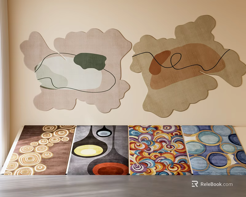Stylish Abstract Rugs with Various Colorful Patterns Displayed on Wall and Floor 3d model 