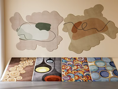 Stylish Abstract Rugs with Various Colorful Patterns Displayed on Wall and Floor 3d model