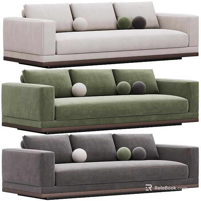 Modern Three Seater Sofas Light Gray Green and Dark Gray with Round Cushions Wooden Legs 3d model 