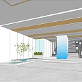 Modern Reception Desk With Blue Surface White Walls Glass Partitions Green Plants And Staircase Lighting