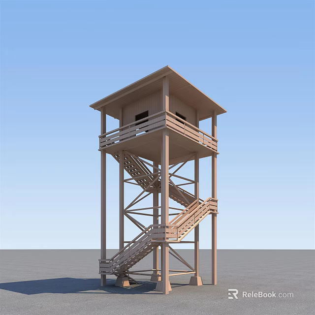 Wooden Observation Tower with Multi Level Platforms and Spiral Staircase Blue Sky 3d model 