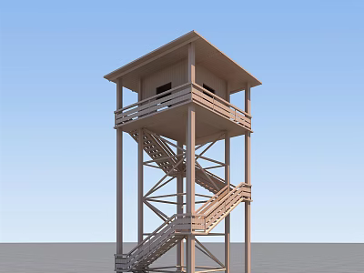 Wooden Observation Tower with Multi Level Platforms and Spiral Staircase Blue Sky 3d model