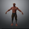 Muscular Shirtless Man with Red Skin Horns Brown Pants and Silver Leg Guards