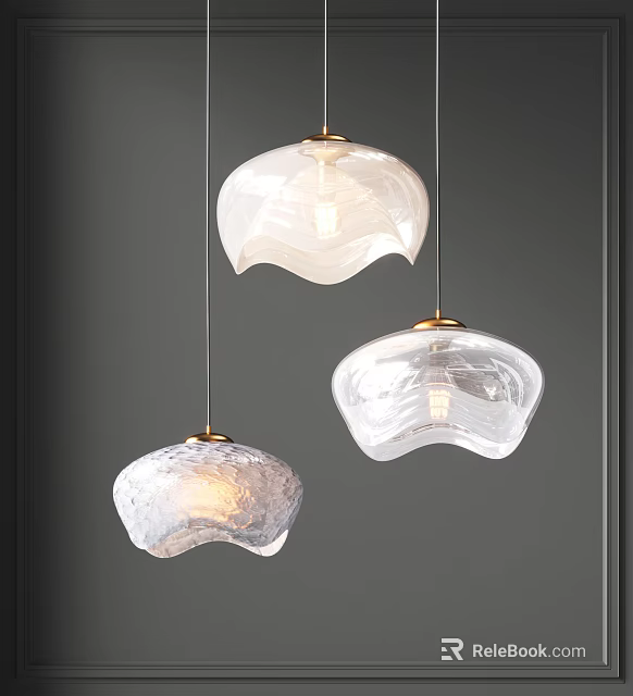 Three Modern Pendant Lights With Transparent Glass Shades Gold Accents Minimalist Interior Design 3d model 