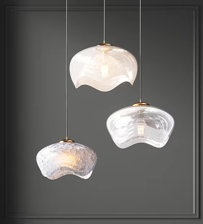 Three Modern Pendant Lights With Transparent Glass Shades Gold Accents Minimalist Interior Design 3d model