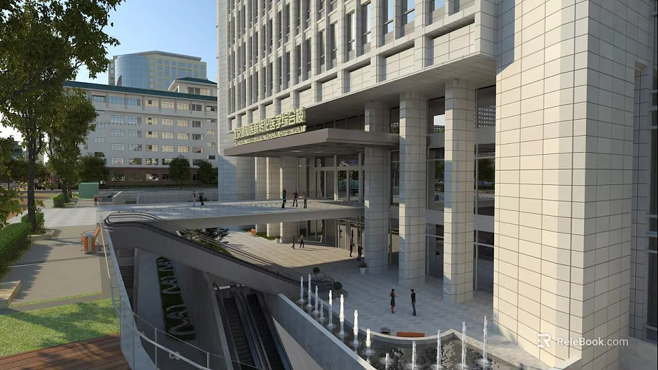 Modern Hospital Building Exterior With Stone Facade Main Entrance Columns And Pedestrian Plaza 3d model 