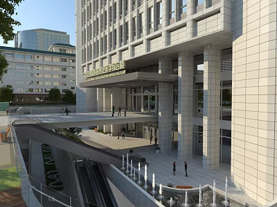 Modern Hospital Building Exterior With Stone Facade Main Entrance Columns And Pedestrian Plaza 3d model