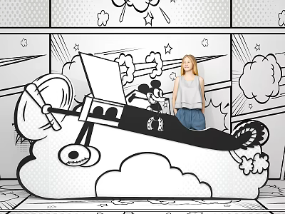 Comic Style Photo Spot With Airplane Clouds And Cartoon Characters 3d model