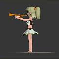 Elf Girl With Yellow Headband In White Green Dress Holding Sunflower On Blue Cloud Platform