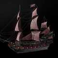 Vintage Sailing Ship With Pink Sails Intricate Carvings And Detailed Structure On Black Background