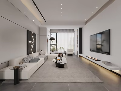 Modern Living Dining Room Interior With White Sofa Coffee Table TV Wall And Rug 3d model