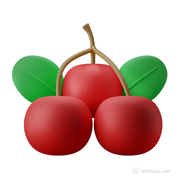 Beautiful Vibrant Green Plant Leaves With Three Juicy Red Cherries On Brown Stems 3d model 