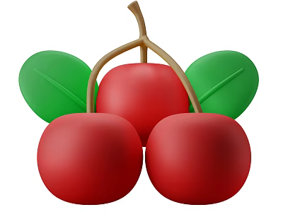 Beautiful Vibrant Green Plant Leaves With Three Juicy Red Cherries On Brown Stems 3d model