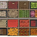 Wooden Display Shelves with Fresh Fruits Vegetables and Price Tags in Market