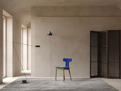 Blue Single Chair In Modern Interior With Beige Walls Dark Louvered Doors And Gray Carpet 3d model
