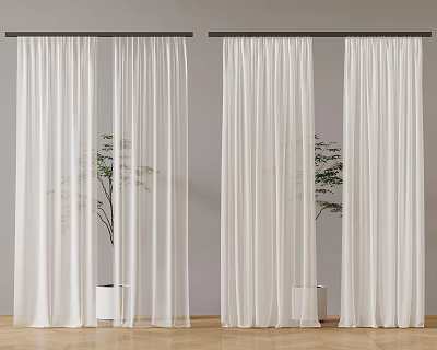 White Curtains For Home Interior With Sheer And Thick Styles Potted Plant Wooden Floor 3d model