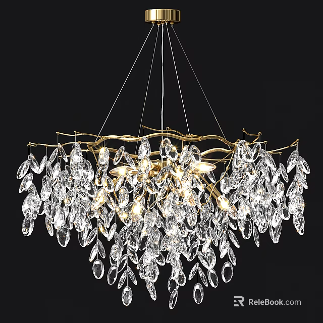 Elegant Modern Crystal Chandelier With Golden Frame Hanging Crystal Pendants And Bright Lighting 3d model 