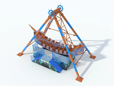 Amusement Play Equipment Pirate Ship With Triangular Blue Orange Frame And Marine Themed Decorative Base 3d model