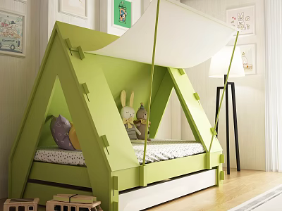 Green Tent Shaped Children's Bed With White Canopy Stuffed Toys Decorative Paintings And Floor Lamp 3d model