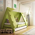 Green Tent Shaped Children's Bed With White Canopy Stuffed Toys Decorative Paintings And Floor Lamp