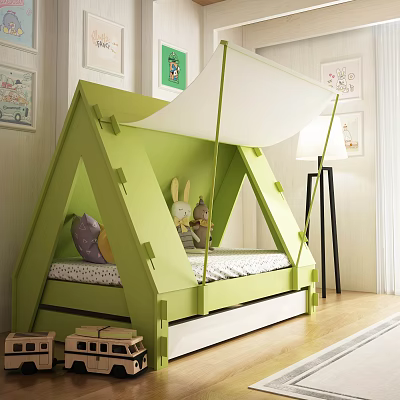 Green Tent Shaped Children's Bed With White Canopy Stuffed Toys Decorative Paintings And Floor Lamp 3d model