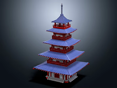 Traditional Five Story Pagoda Architectural Design With Blue Roofs And Red Decorations 3d model