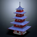 Traditional Five Story Pagoda Architectural Design With Blue Roofs And Red Decorations