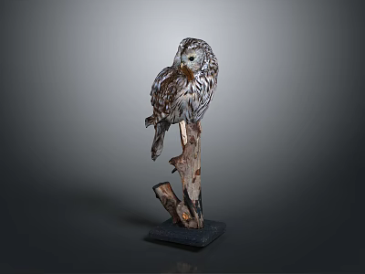 Realistic Owl Sculpture Perched on Wooden Branch with Black Base and Detailed Feather Texture 3d model