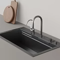 Modern Kitchen Sink With Curved Faucet And Wooden Cutting Board On Countertop