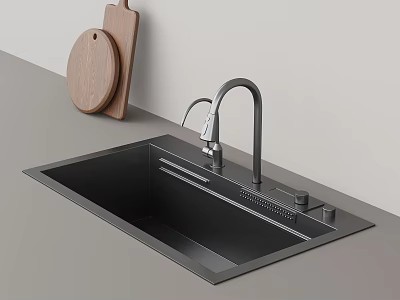 Modern Kitchen Sink With Curved Faucet And Wooden Cutting Board On Countertop 3d model