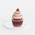 Delicious Pink Cupcake With Swirled Cream Frosting And Cherry On White Plate
