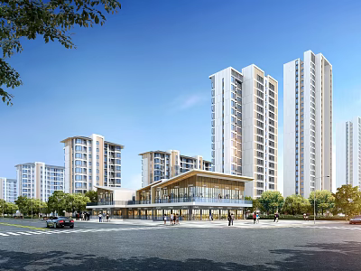 Modern Commercial Street In Urban Area With Residences And Pedestrians 3d model