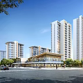 Modern Commercial Street In Urban Area With Residences And Pedestrians