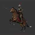 Ancient Armored Warrior Riding Brown Running Horse With Spear And Red Plume Helmet